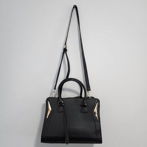 Faux leather satchel purse with adjustable shoulder strap in black